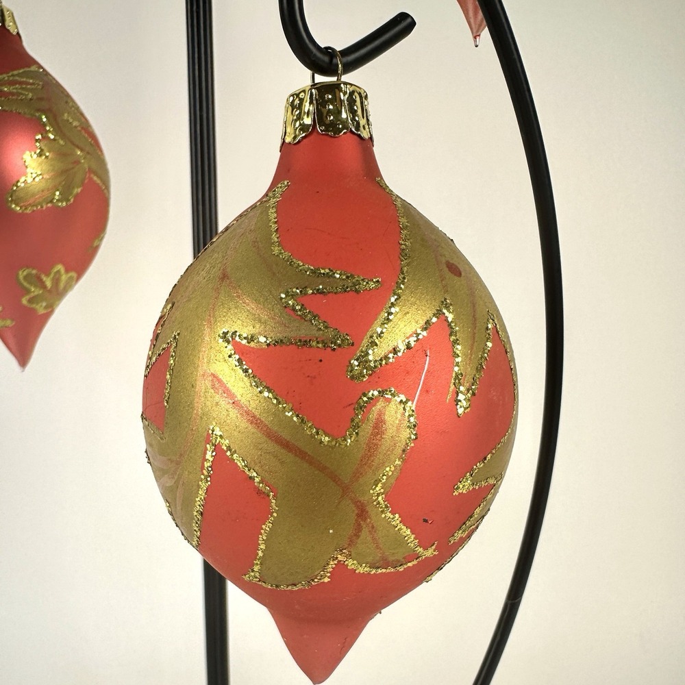 Lot of 3 Round Pink and Gold Satin Christmas Ornaments with Gold Glitter Designs